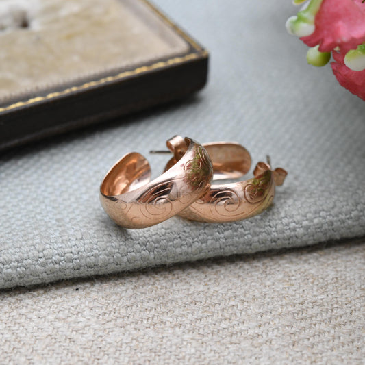 Vintage 9ct Rose Gold Hoop Stud Earrings Mid-Century - Circle Shape Big Stud | Solid Gold Jewellery Gift for Her | with Butterfly Backs