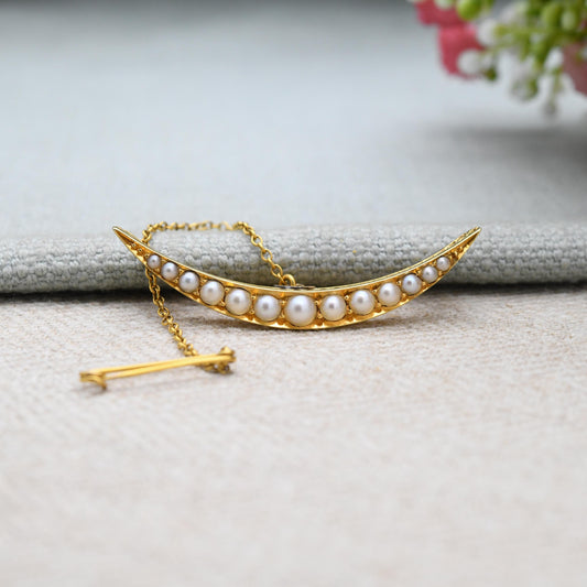 Antique Victorian Gold and Pearl Crescent Moon Brooch - c. 1800s Celestial Jewellery | High Carat Yellow Gold