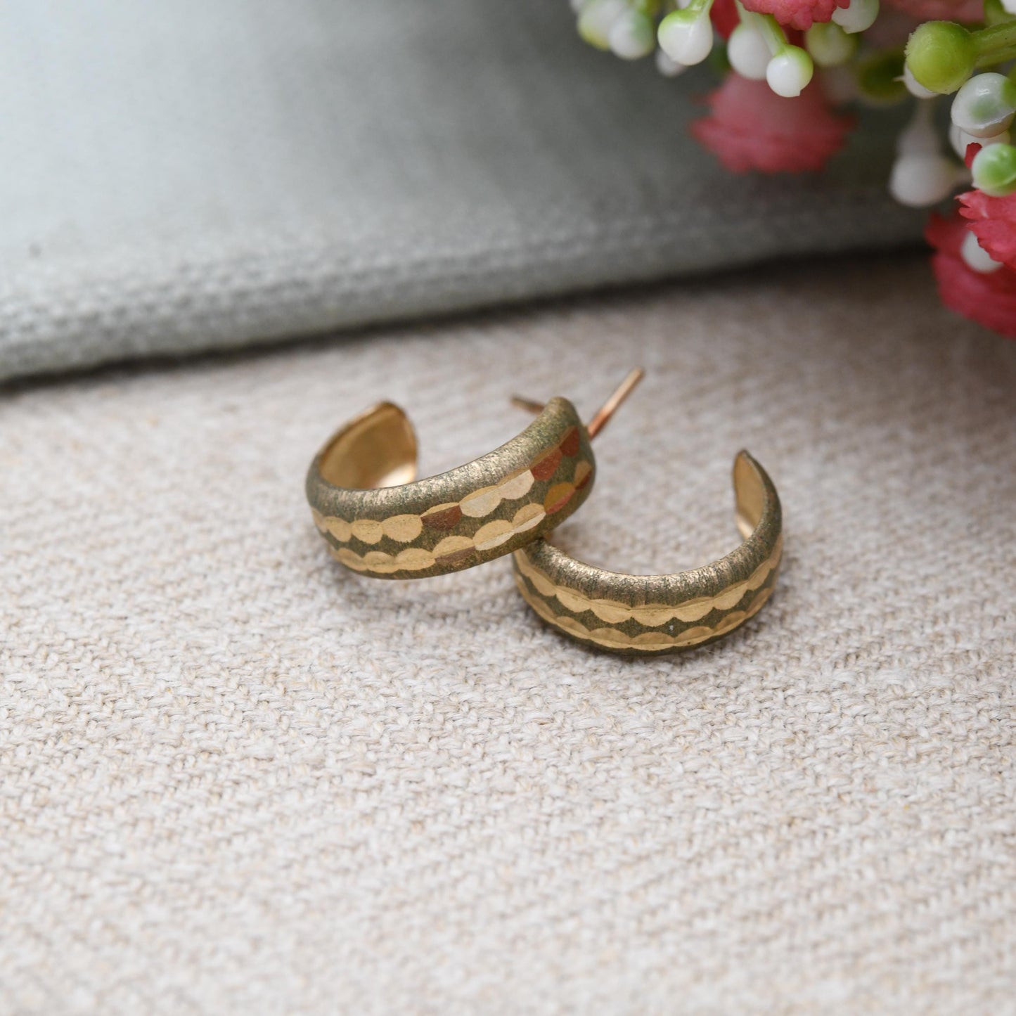 Vintage 9ct Gold Half Hoop Stud Earrings 1977 Mid-Century - Semi Circle Shape Chunky Stud | Solid Gold Jewellery Gift for Her