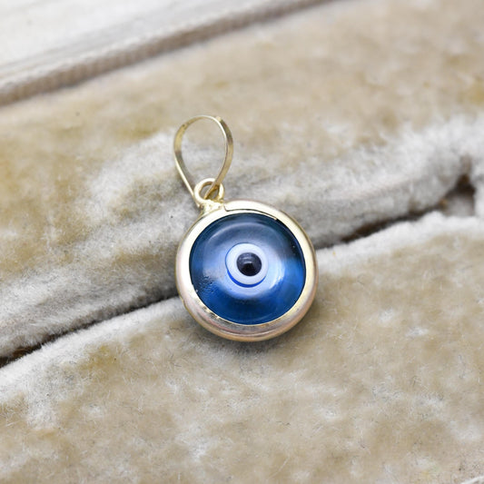 Vintage 9ct Gold Glass Evil Eye Charm Pendant - Small Round Blue Charm for Necklace Pendant