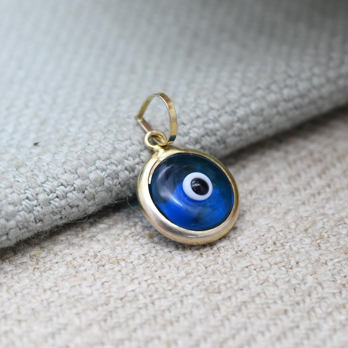 Vintage 9ct Gold Glass Evil Eye Charm Pendant - Small Round Blue Charm for Necklace Pendant