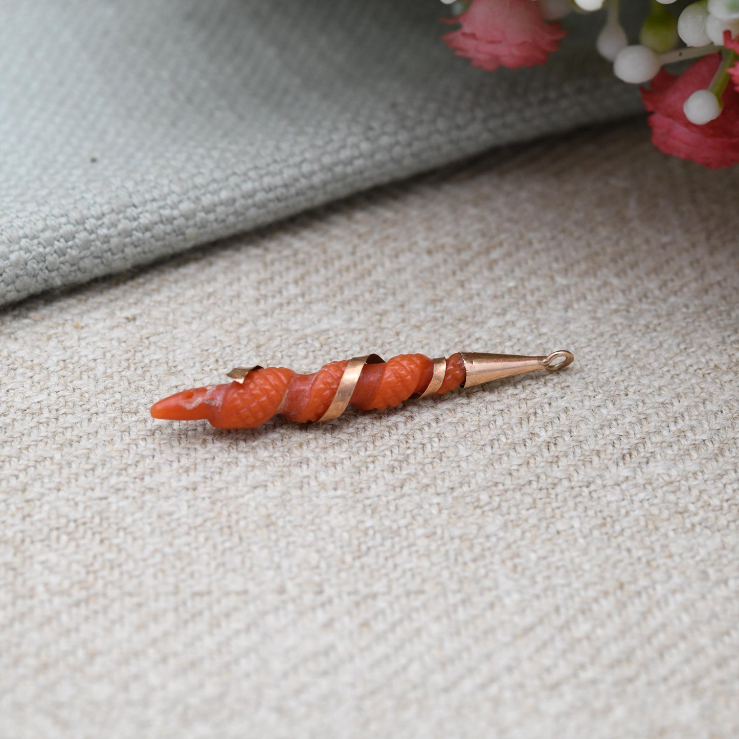 Antique Victorian 9ct Gold Carved Coral Pendant for Restoration - Gold Wire Wrapped Gemstone