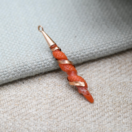 Antique Victorian 9ct Gold Carved Coral Pendant for Restoration - Gold Wire Wrapped Gemstone
