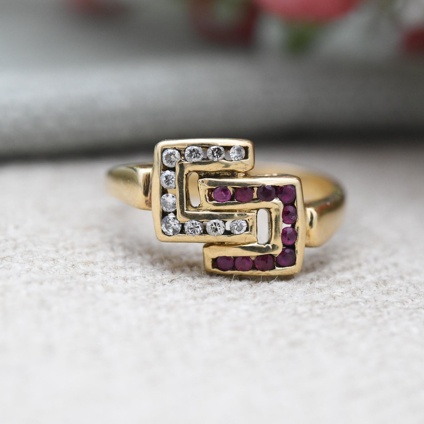 Vintage 18ct Gold Ruby and Diamond Ring Interlocking C - Statement Occasional Dress Ring | Anniversary Gift | UK Size J 1/2 | US Size 5 1/4