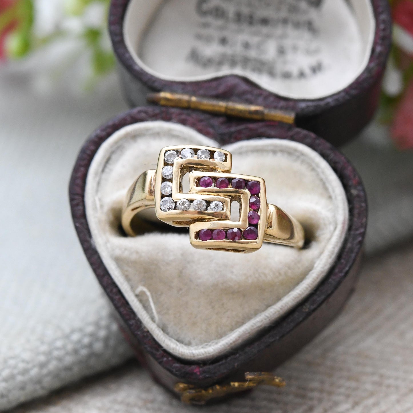 Vintage 18ct Gold Ruby and Diamond Ring Interlocking C - Statement Occasional Dress Ring | Anniversary Gift | UK Size J 1/2 | US Size 5 1/4