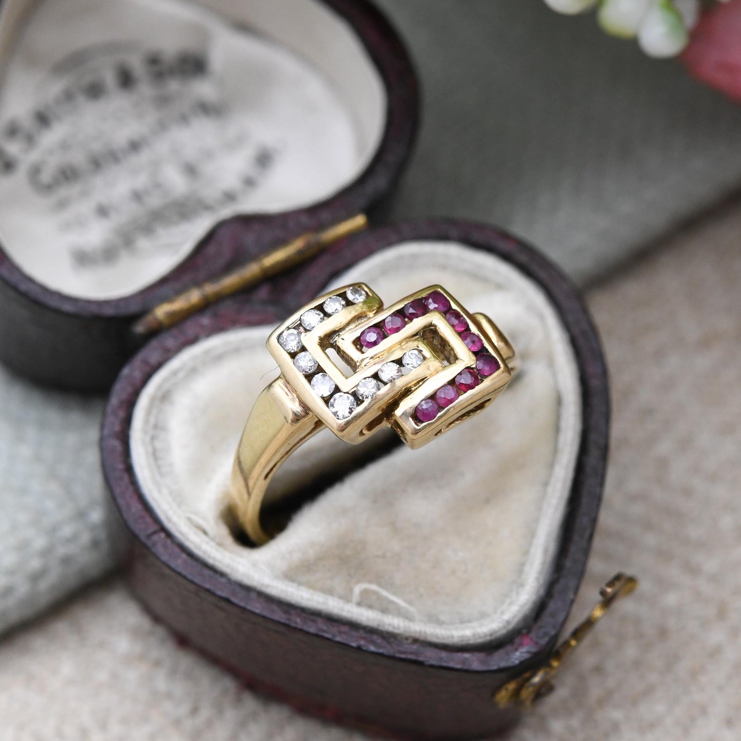Vintage 18ct Gold Ruby and Diamond Ring Interlocking C - Statement Occasional Dress Ring | Anniversary Gift | UK Size J 1/2 | US Size 5 1/4