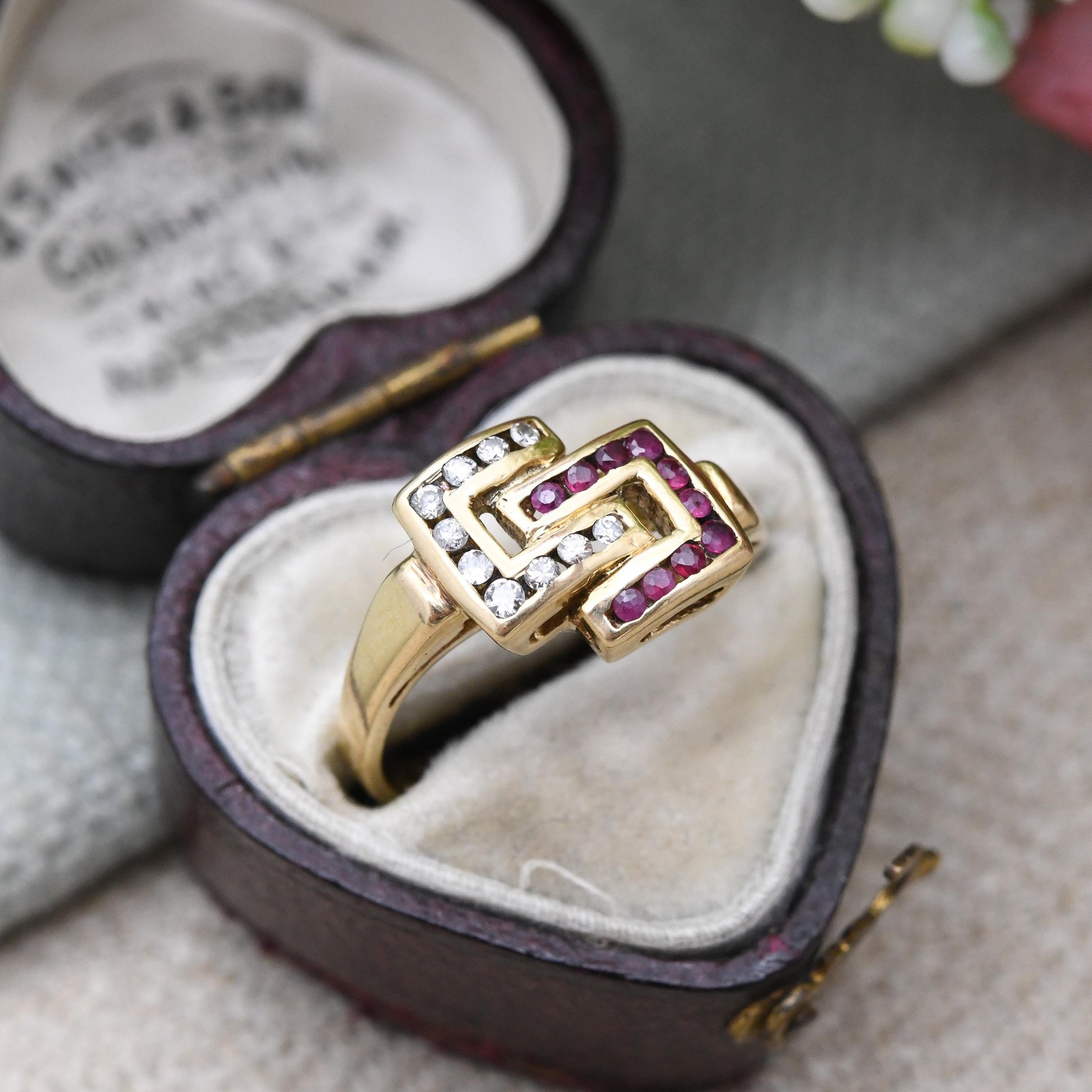 Vintage 18ct Gold Ruby and Diamond Ring Interlocking C - Statement Occasional Dress Ring | Anniversary Gift | UK Size J 1/2 | US Size 5 1/4