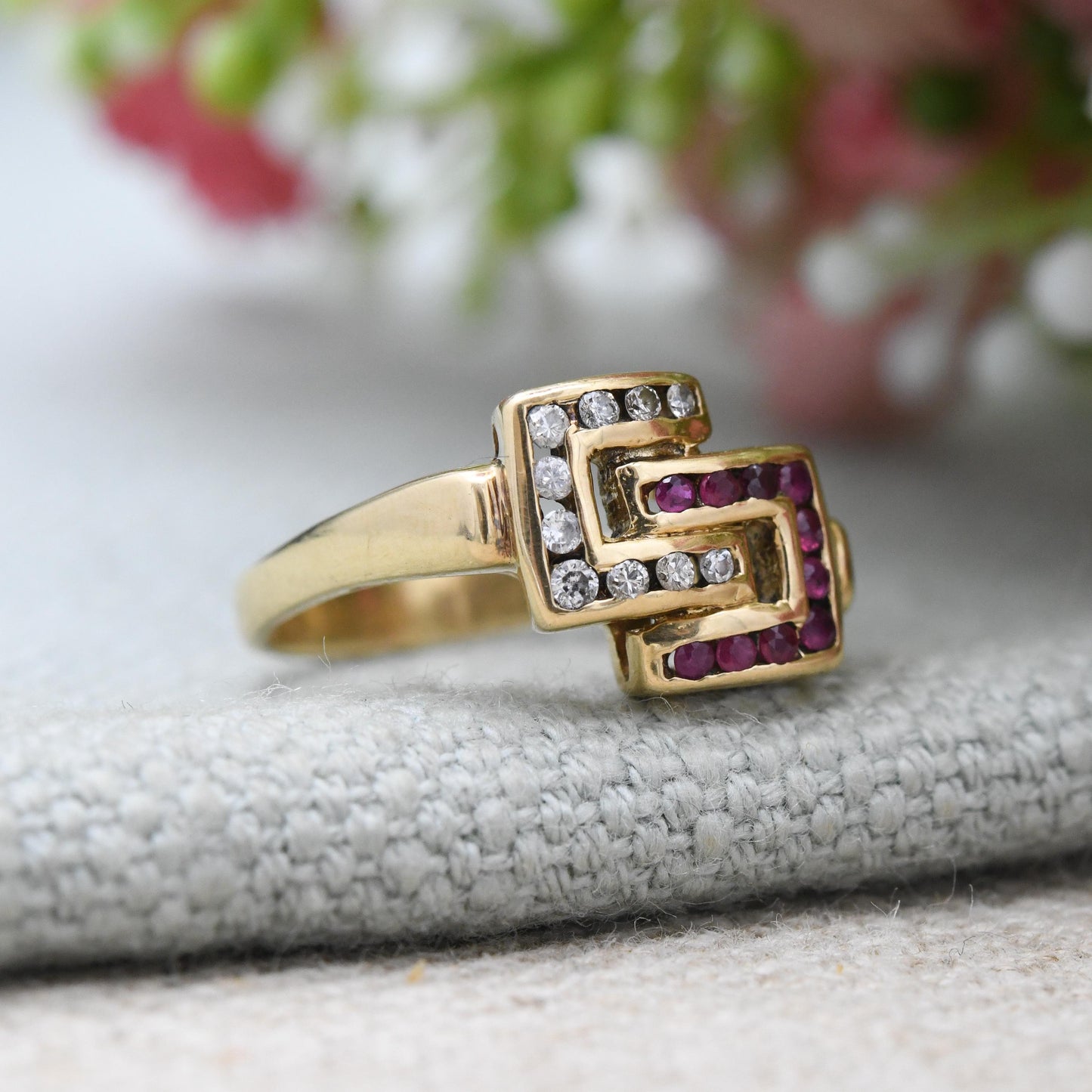 Vintage 18ct Gold Ruby and Diamond Ring Interlocking C - Statement Occasional Dress Ring | Anniversary Gift | UK Size J 1/2 | US Size 5 1/4