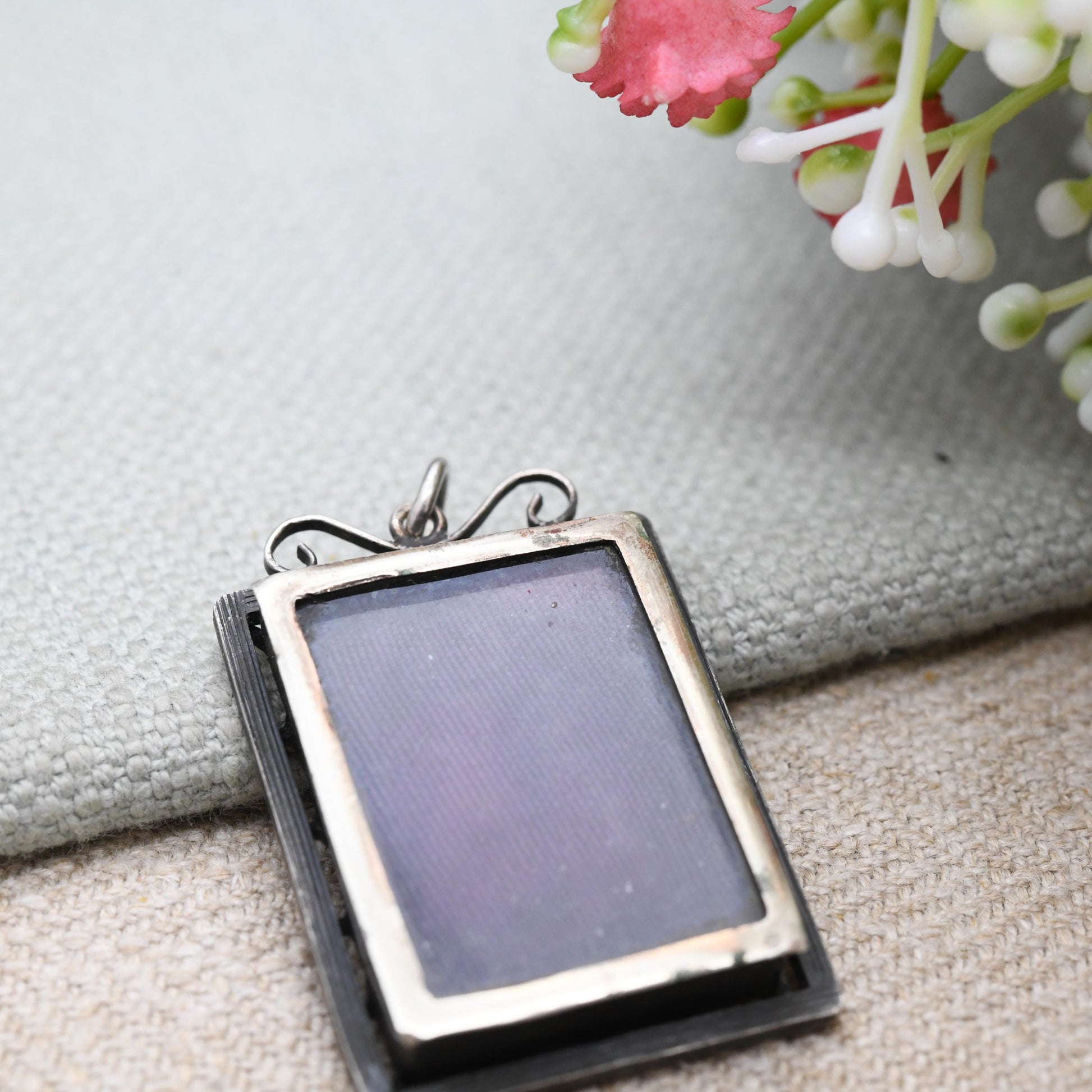 Antique Victorian Pietra Dura Locket with Dove Carrying Flower - Silver Sentimental Mourning Jewellery | Large Rectangle Micromosaic Pendant