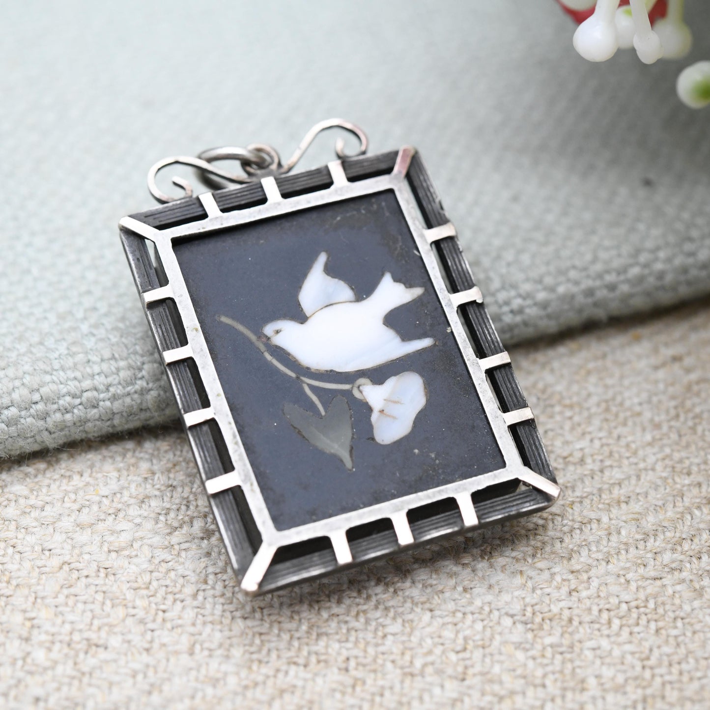 Antique Victorian Pietra Dura Locket with Dove Carrying Flower - Silver Sentimental Mourning Jewellery | Large Rectangle Micromosaic Pendant