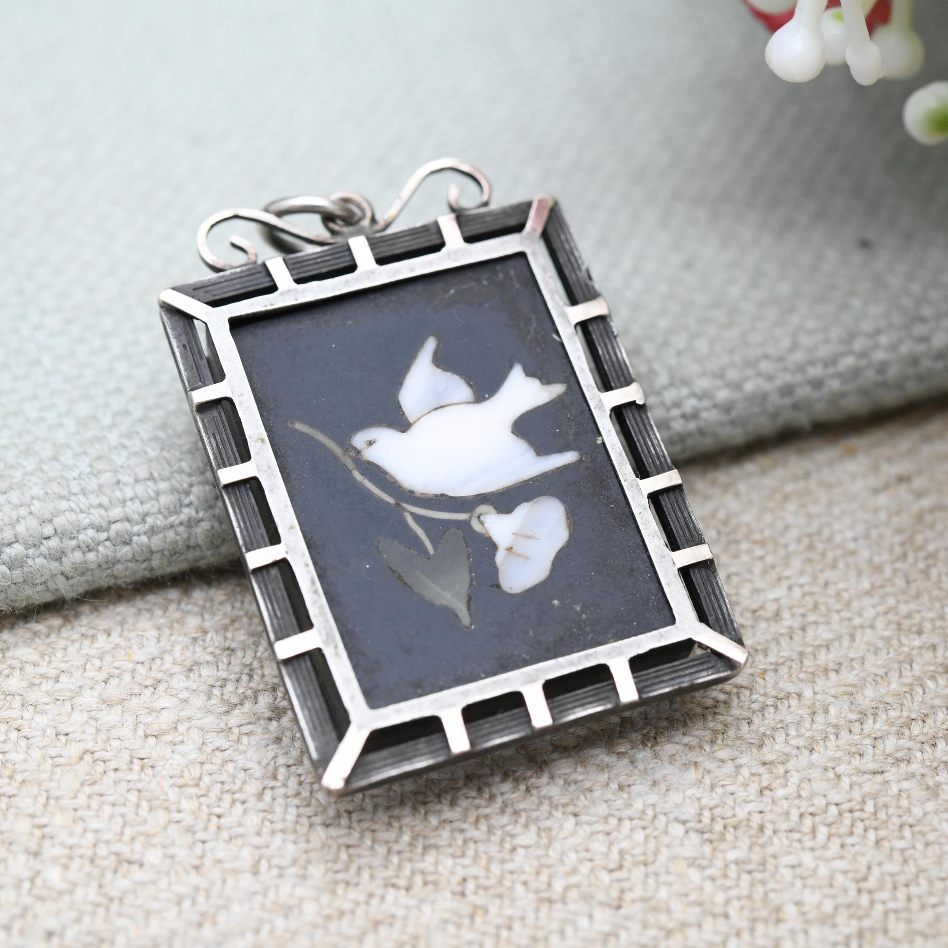 Antique Victorian Pietra Dura Locket with Dove Carrying Flower - Silver Sentimental Mourning Jewellery | Large Rectangle Micromosaic Pendant