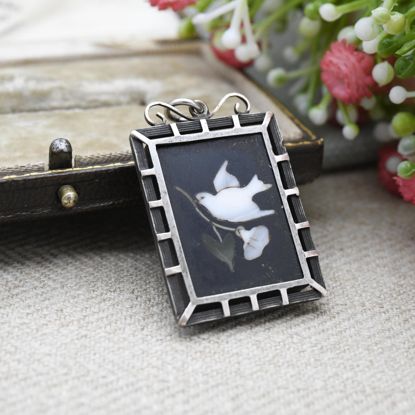 Antique Victorian Pietra Dura Locket with Dove Carrying Flower - Silver Sentimental Mourning Jewellery | Large Rectangle Micromosaic Pendant