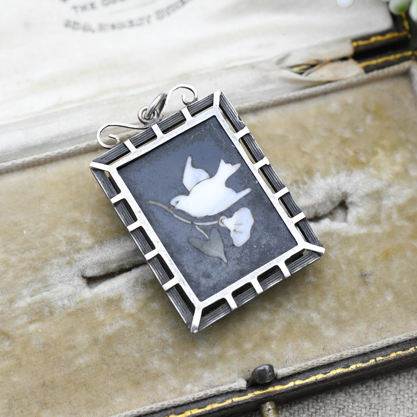 Antique Victorian Pietra Dura Locket with Dove Carrying Flower - Silver Sentimental Mourning Jewellery | Large Rectangle Micromosaic Pendant