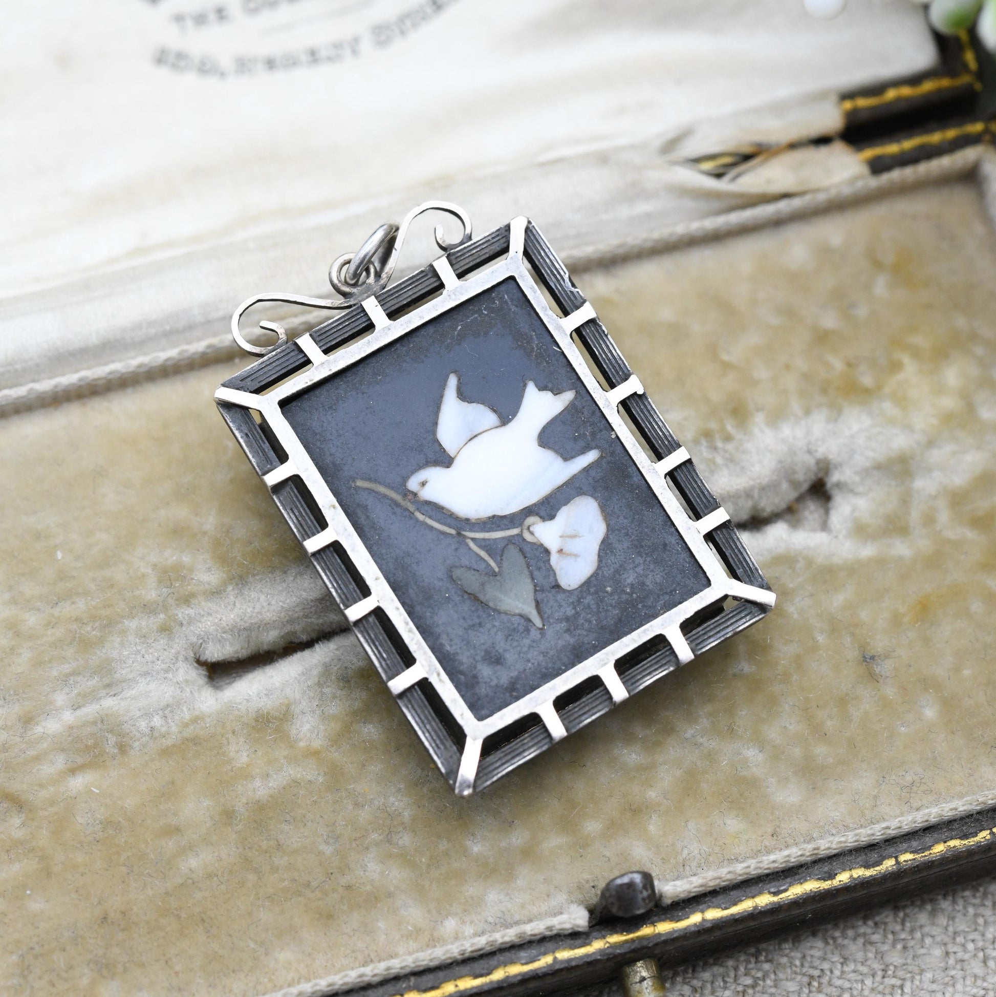 Antique Victorian Pietra Dura Locket with Dove Carrying Flower - Silver Sentimental Mourning Jewellery | Large Rectangle Micromosaic Pendant