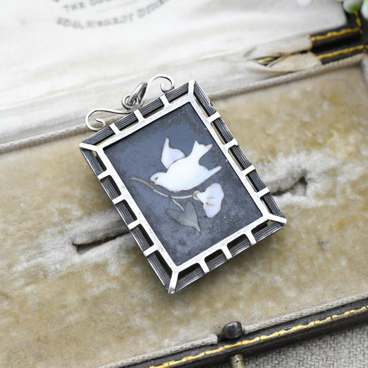 Antique Victorian Pietra Dura Locket with Dove Carrying Flower - Silver Sentimental Mourning Jewellery | Large Rectangle Micromosaic Pendant