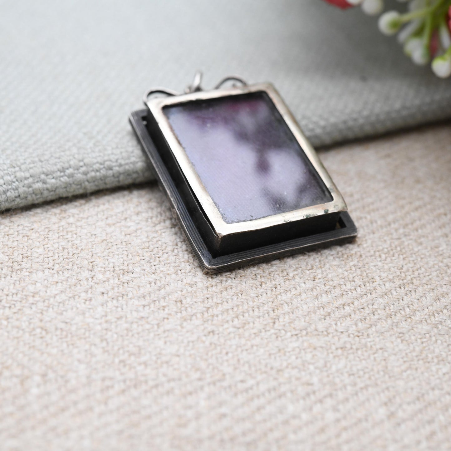Antique Victorian Pietra Dura Locket with Dove Carrying Flower - Silver Sentimental Mourning Jewellery | Large Rectangle Micromosaic Pendant