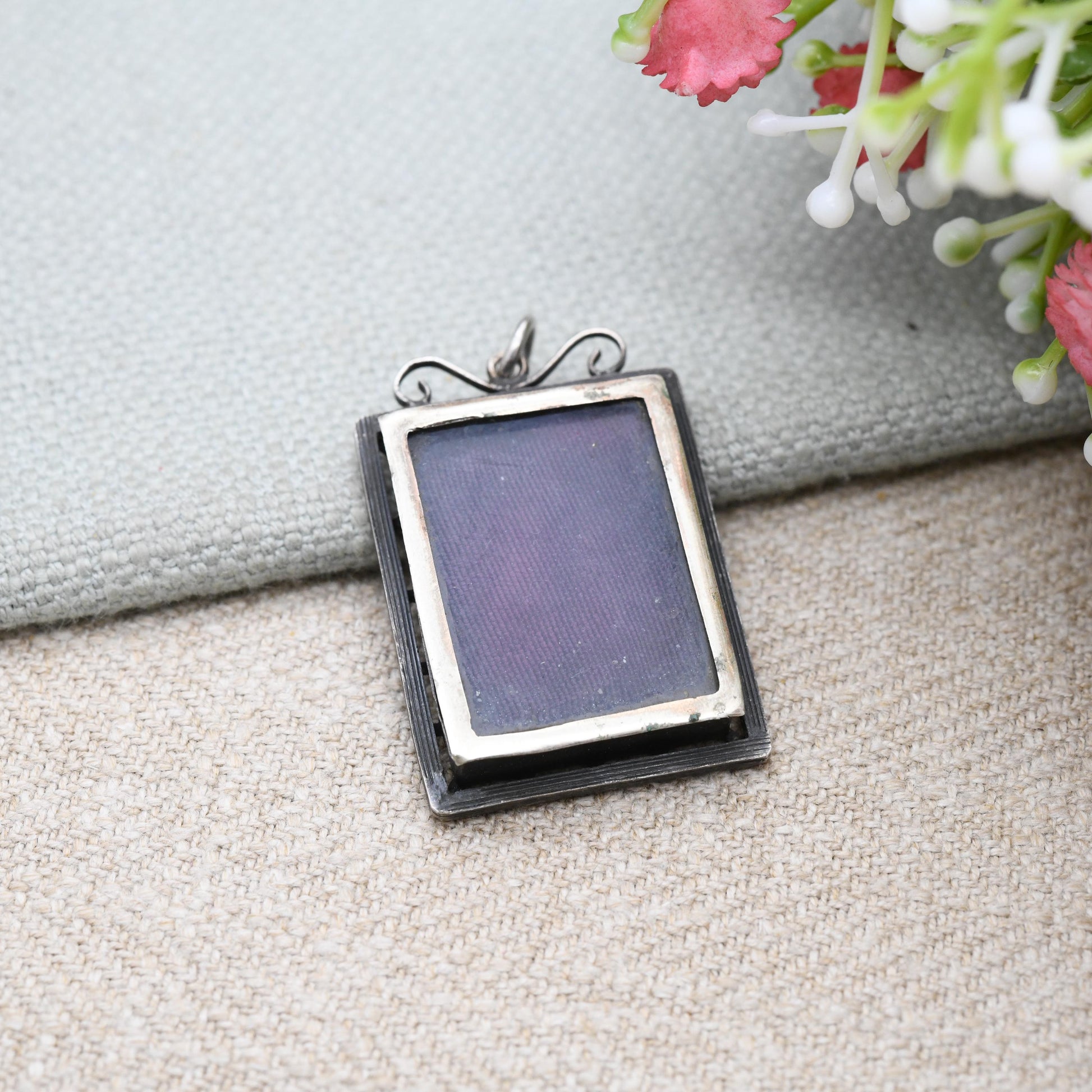 Antique Victorian Pietra Dura Locket with Dove Carrying Flower - Silver Sentimental Mourning Jewellery | Large Rectangle Micromosaic Pendant