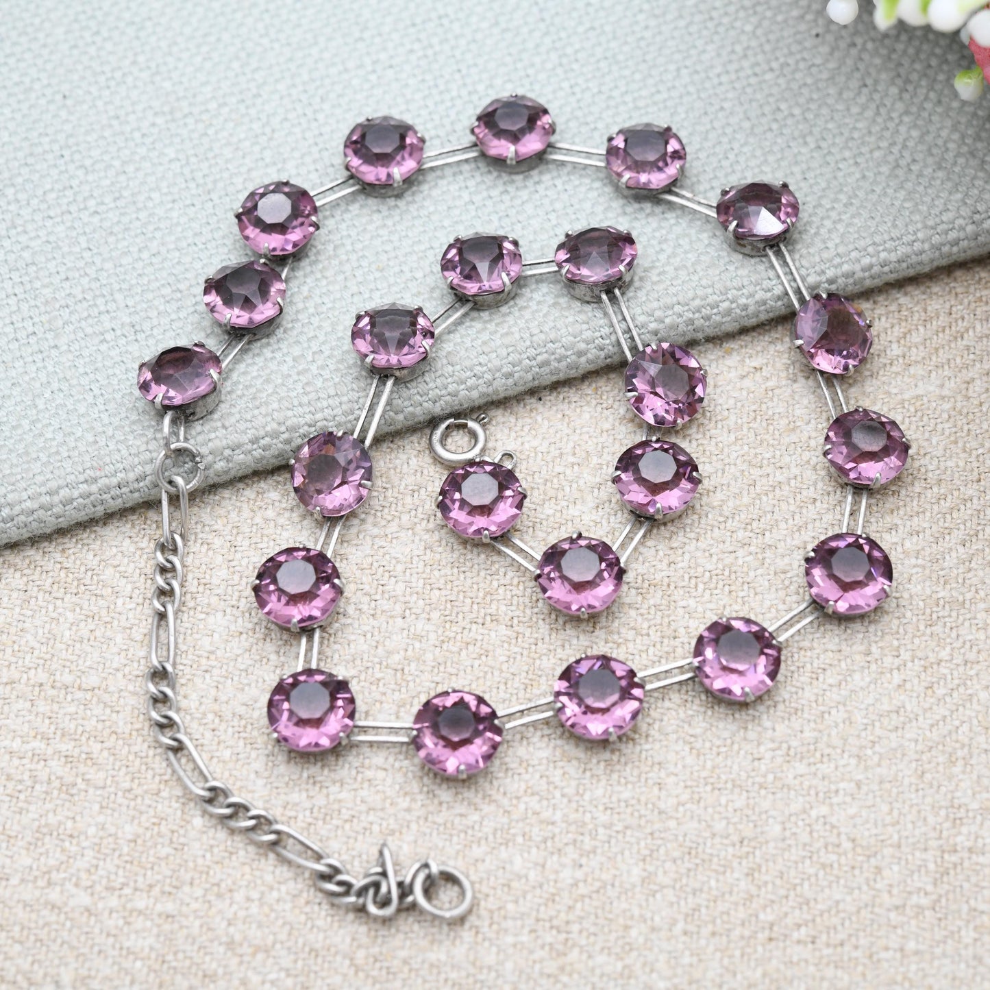 Art Deco Amethyst Paste Sterling Silver Rivière Necklace by W. H. Collins & Co. 1929 Patent Number 311897 - Choker Length 13" - 16"