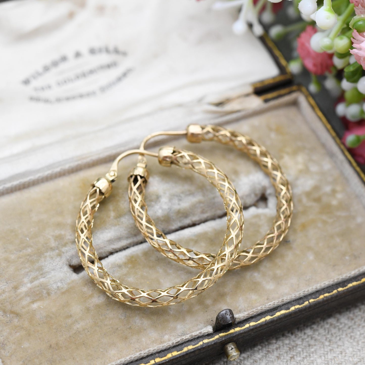 Vintage 9ct Gold Hoop Earrings Delicate Lattice Design - Large Hollow Hoops | Yellow Gold | Pretty Gold Jewellery Gift for Her