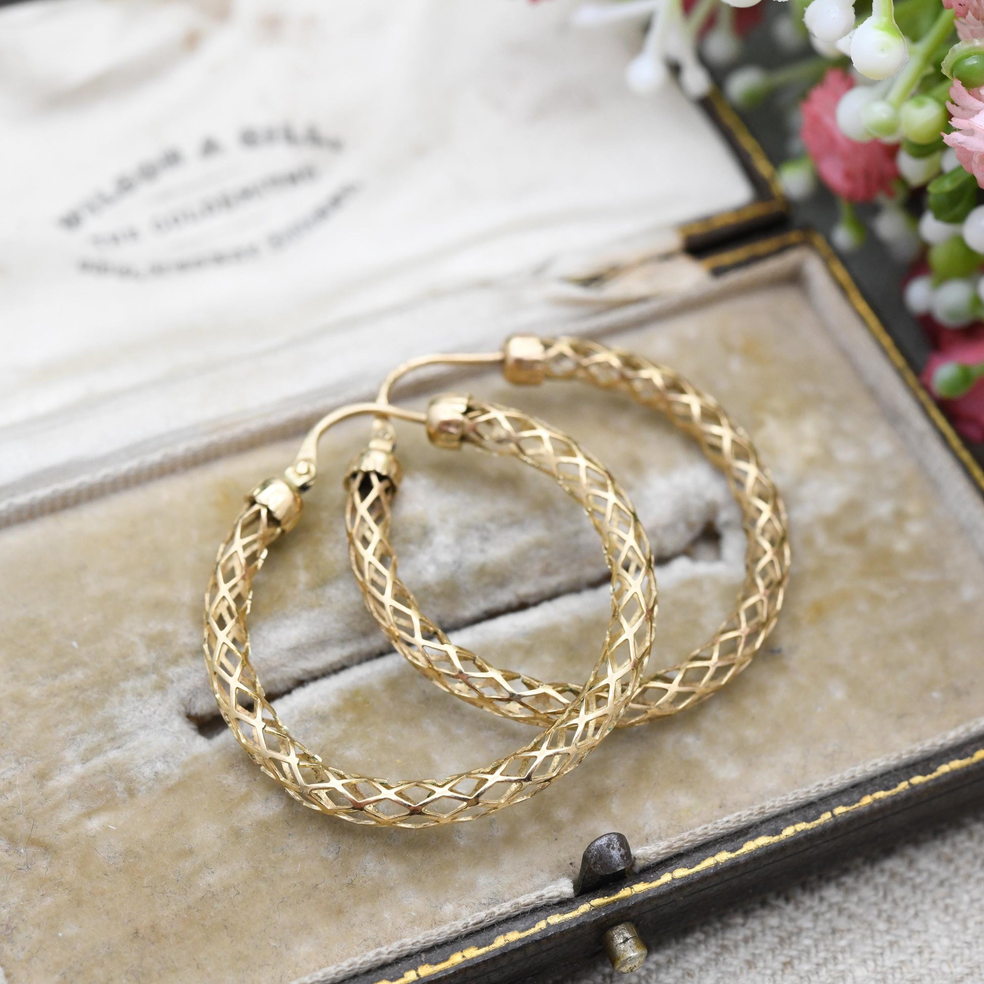 Vintage 9ct Gold Hoop Earrings Delicate Lattice Design - Large Hollow Hoops | Yellow Gold | Pretty Gold Jewellery Gift for Her