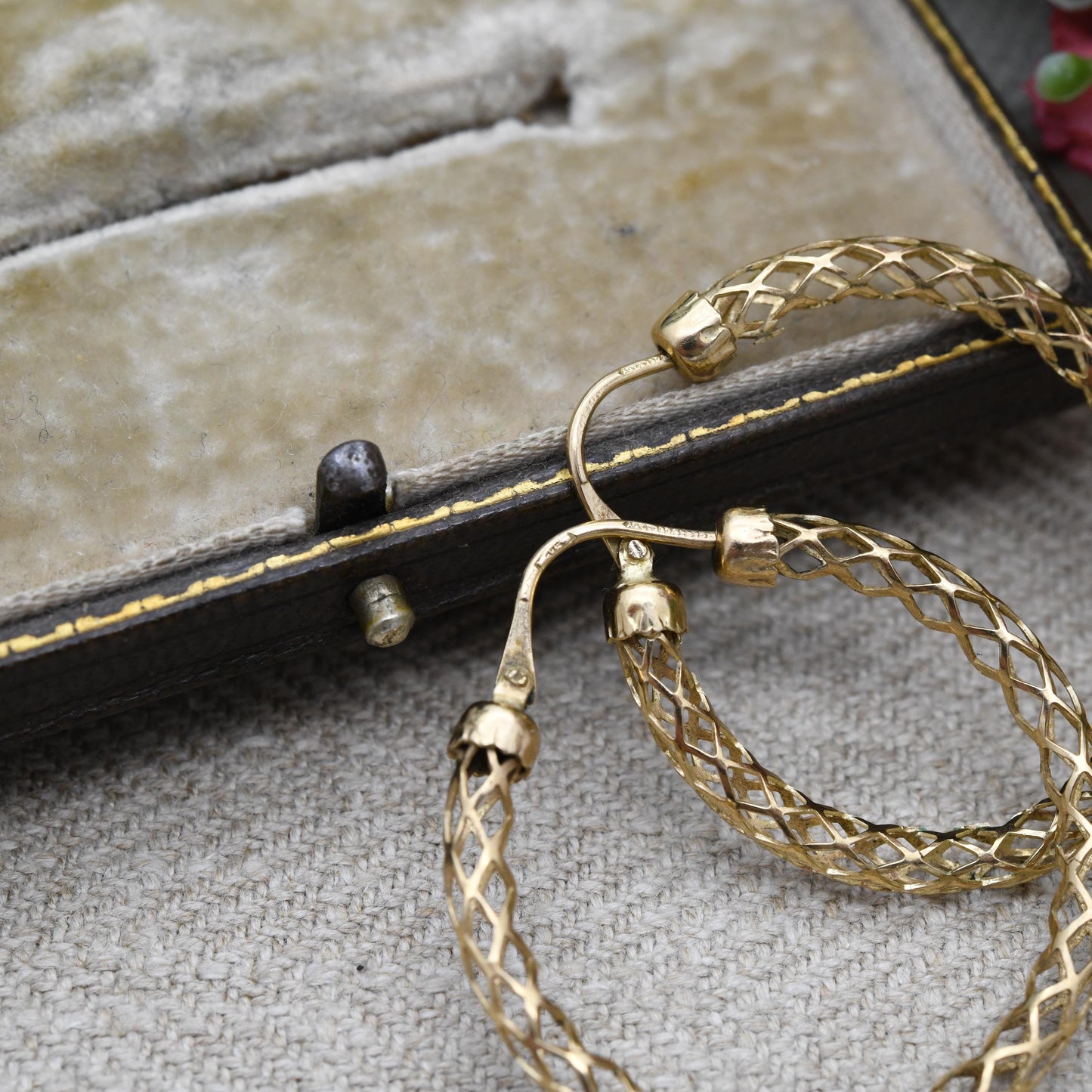 Vintage 9ct Gold Hoop Earrings Delicate Lattice Design - Large Hollow Hoops | Yellow Gold | Pretty Gold Jewellery Gift for Her