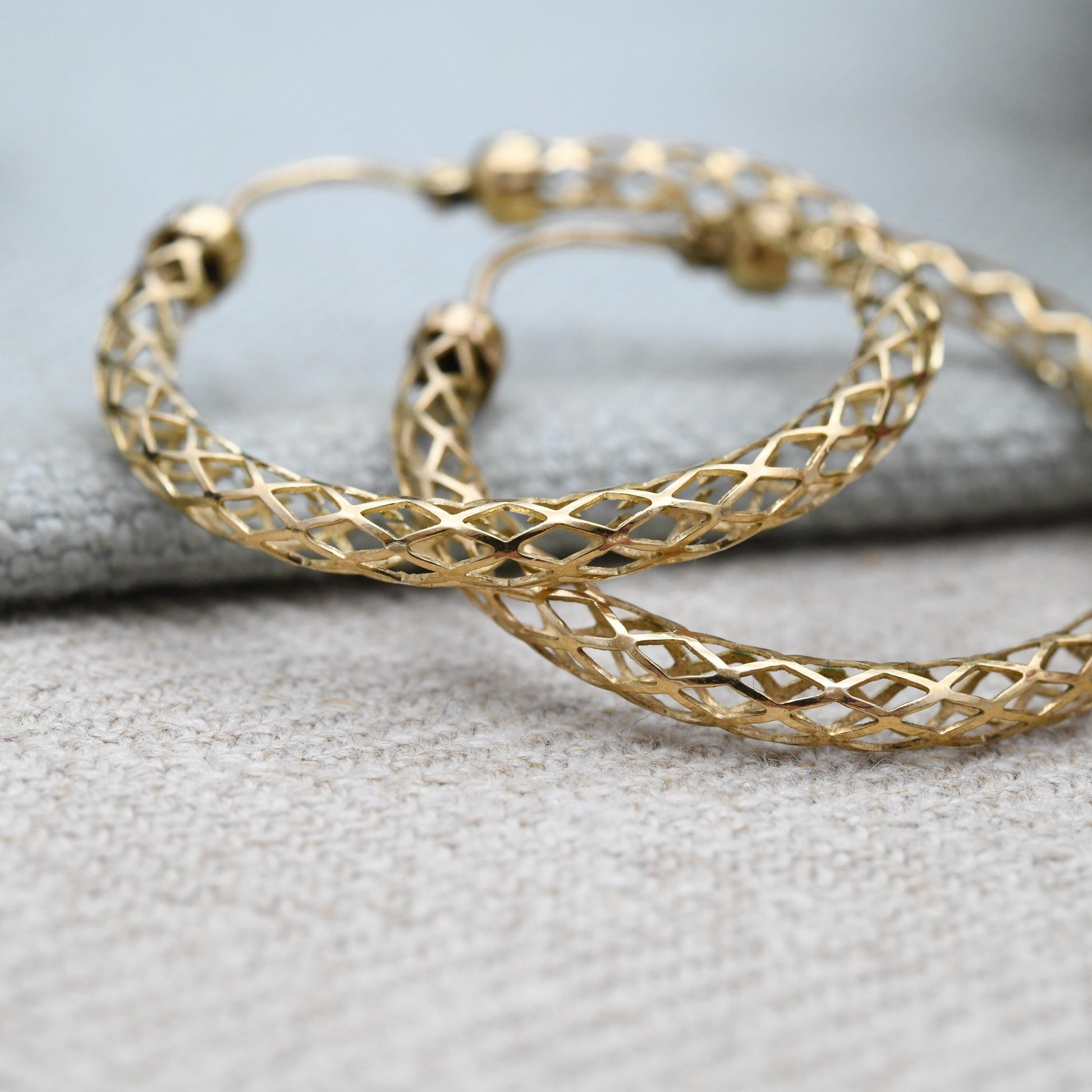 Vintage 9ct Gold Hoop Earrings Delicate Lattice Design - Large Hollow Hoops | Yellow Gold | Pretty Gold Jewellery Gift for Her