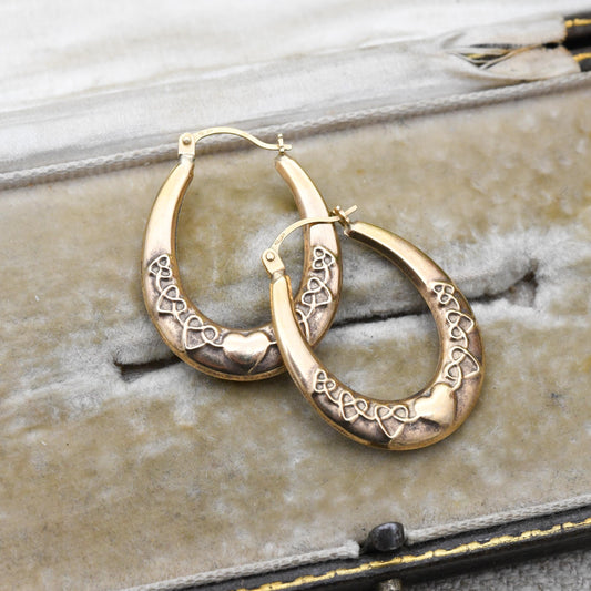 9ct Gold Celtic Hoop Earrings - Heart Design | Hollow Hoops | yellow Gold | Pretty Gold Jewellery Gift for Her