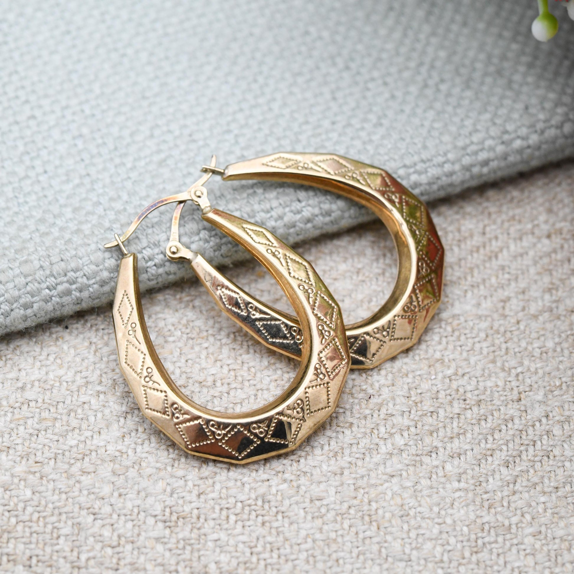 9ct Gold Hoop Earrings - Diamond Design | Hollow Hoops | Yellow Gold | Pretty Gold Jewellery Gift for Her