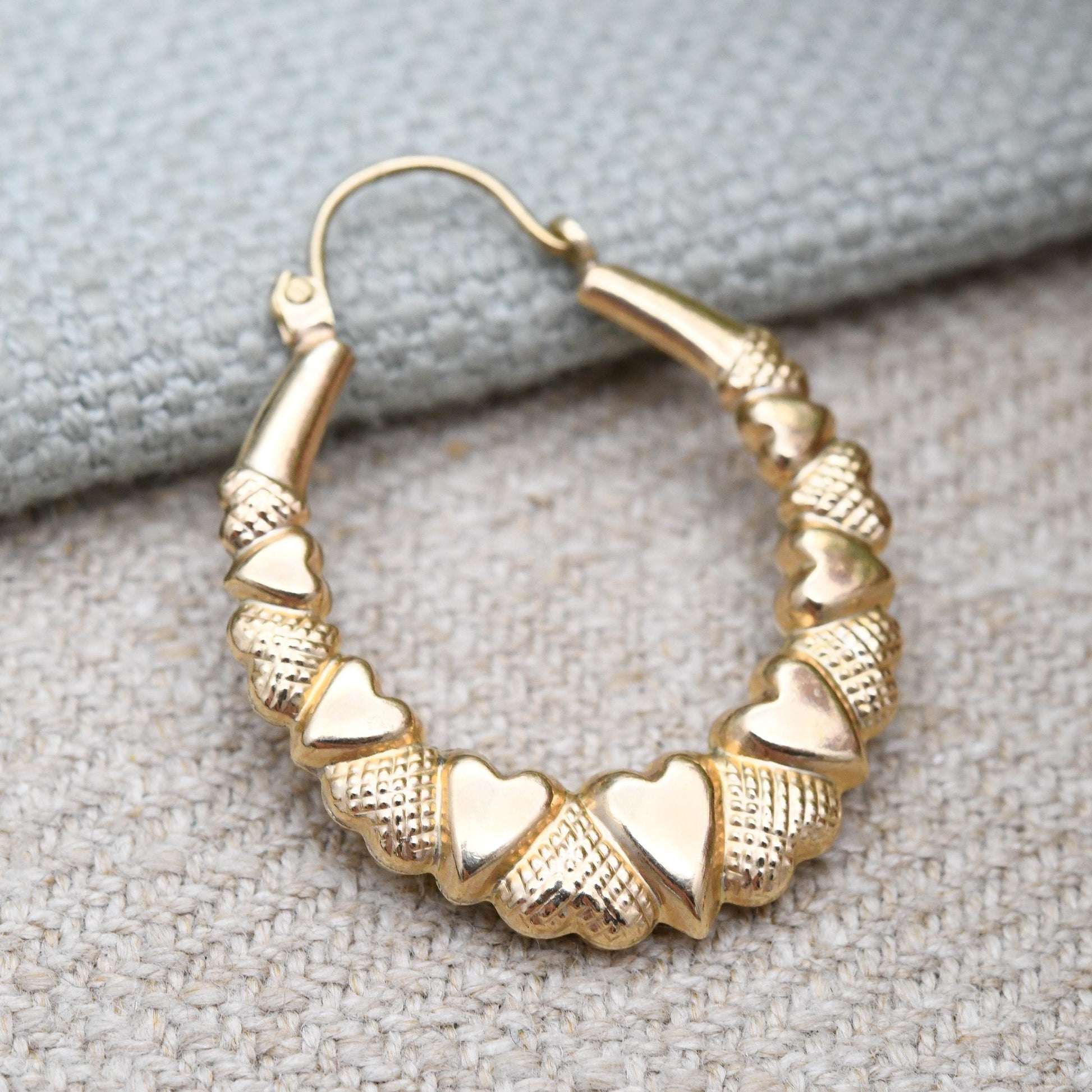 Vintage 9ct Gold Hoop Earrings Heart Design - Large Hollow Hoops | Oval Shape | Pretty Yellow Gold Jewellery Gift for Her