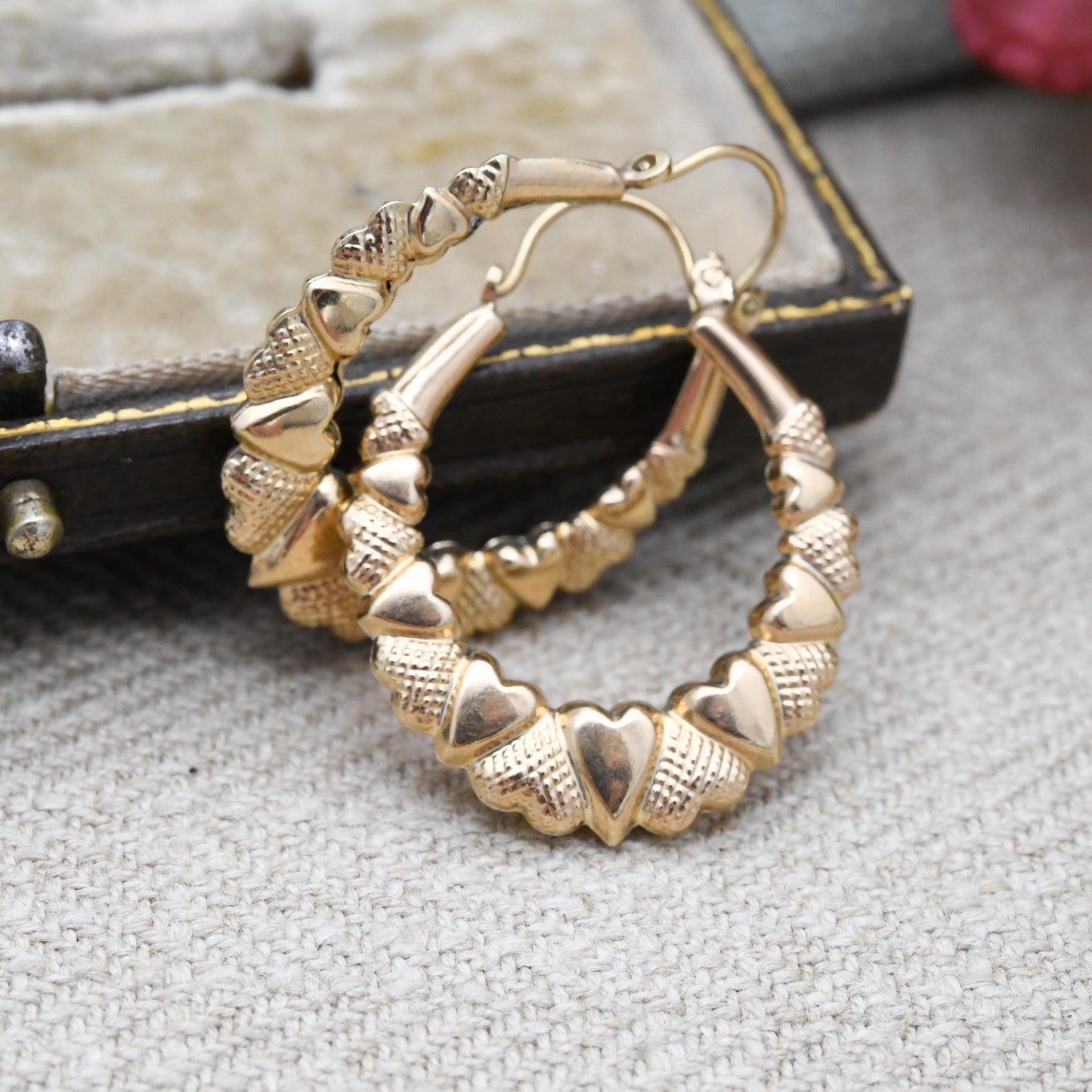 Vintage 9ct Gold Hoop Earrings Heart Design - Large Hollow Hoops | Oval Shape | Pretty Yellow Gold Jewellery Gift for Her