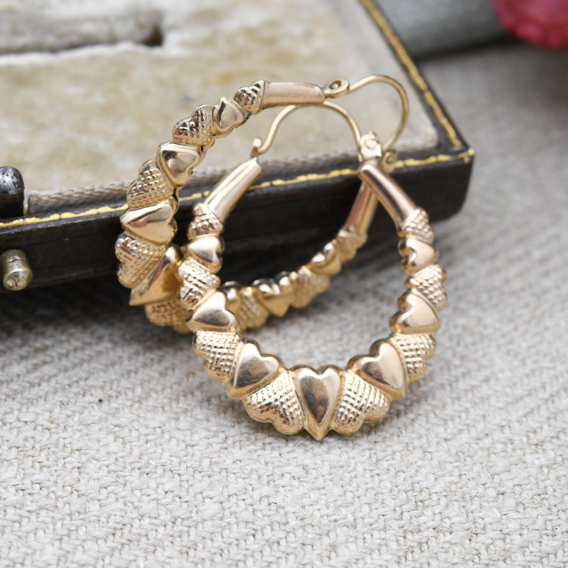Vintage 9ct Gold Hoop Earrings Heart Design - Large Hollow Hoops | Oval Shape | Pretty Yellow Gold Jewellery Gift for Her
