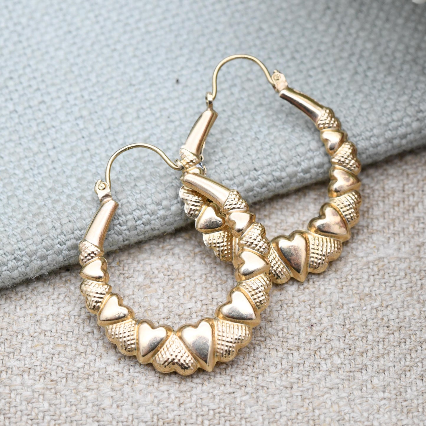 Vintage 9ct Gold Hoop Earrings Heart Design - Large Hollow Hoops | Oval Shape | Pretty Yellow Gold Jewellery Gift for Her