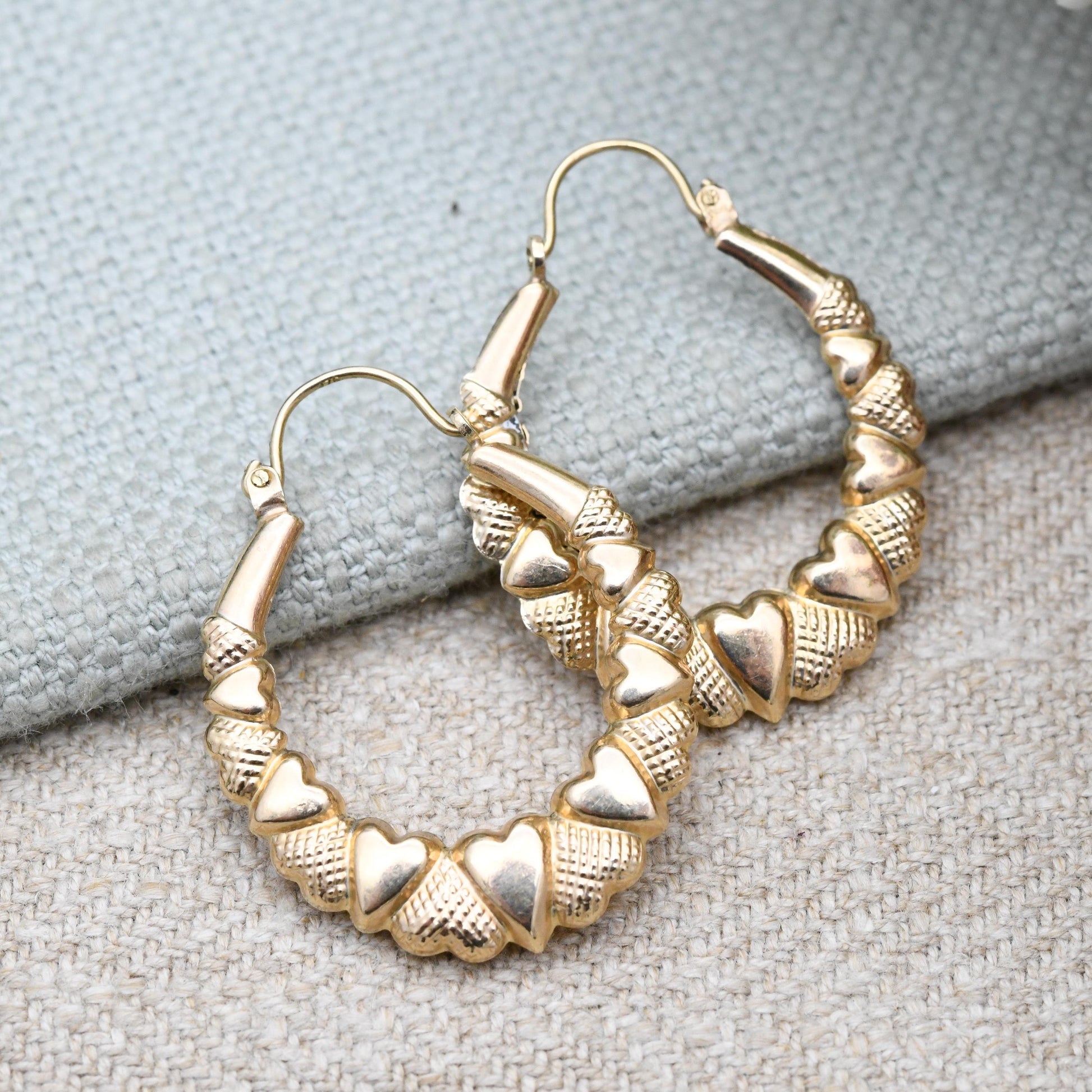 Vintage 9ct Gold Hoop Earrings Heart Design - Large Hollow Hoops | Oval Shape | Pretty Yellow Gold Jewellery Gift for Her