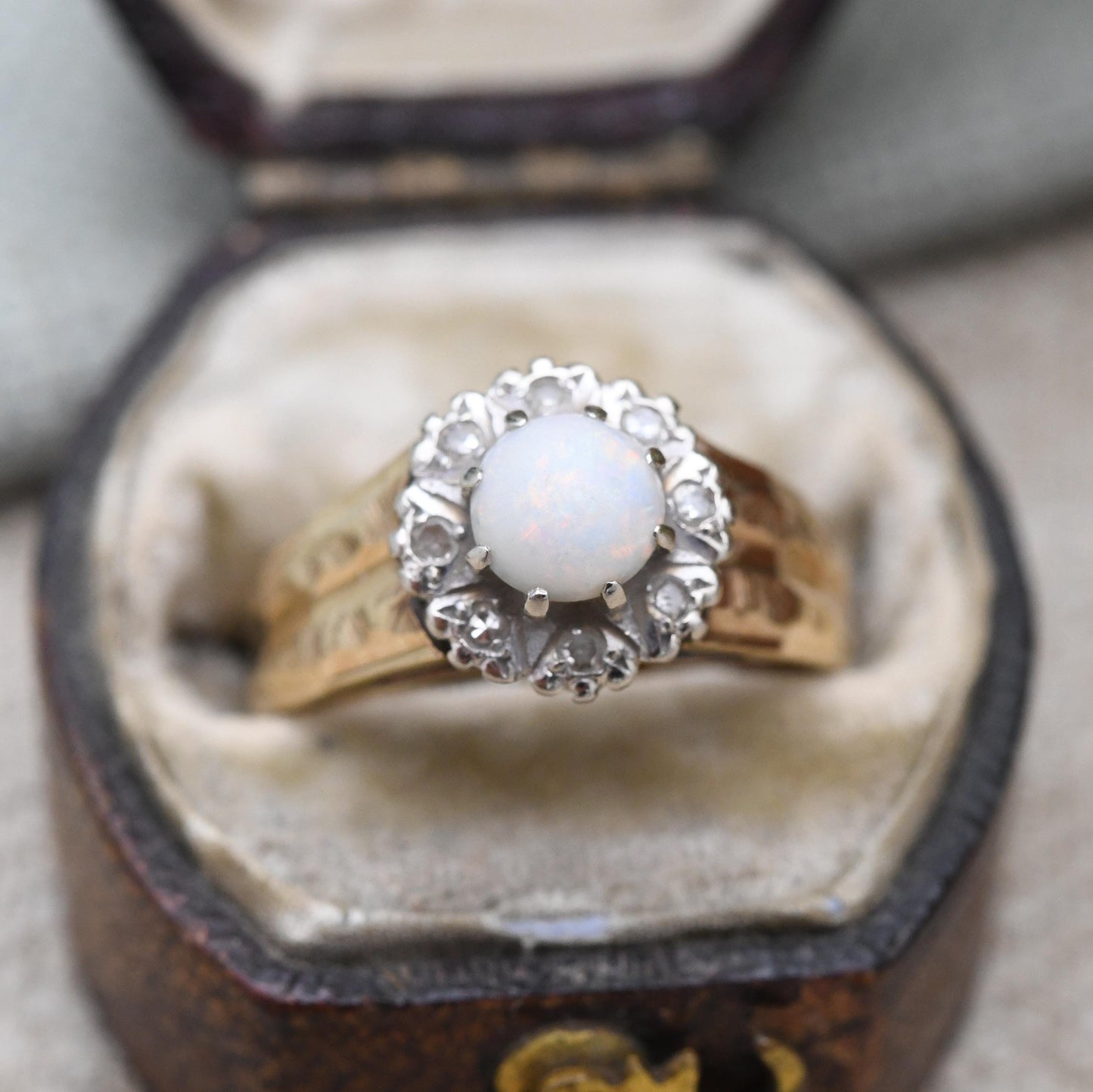 Vintage 9ct Gold Opal Diamond Floral Cluster Ring 1975 - Pretty Mid-Century Flower Ring with Diamond Halo | UK Size - M 1/2 | US Size - 7