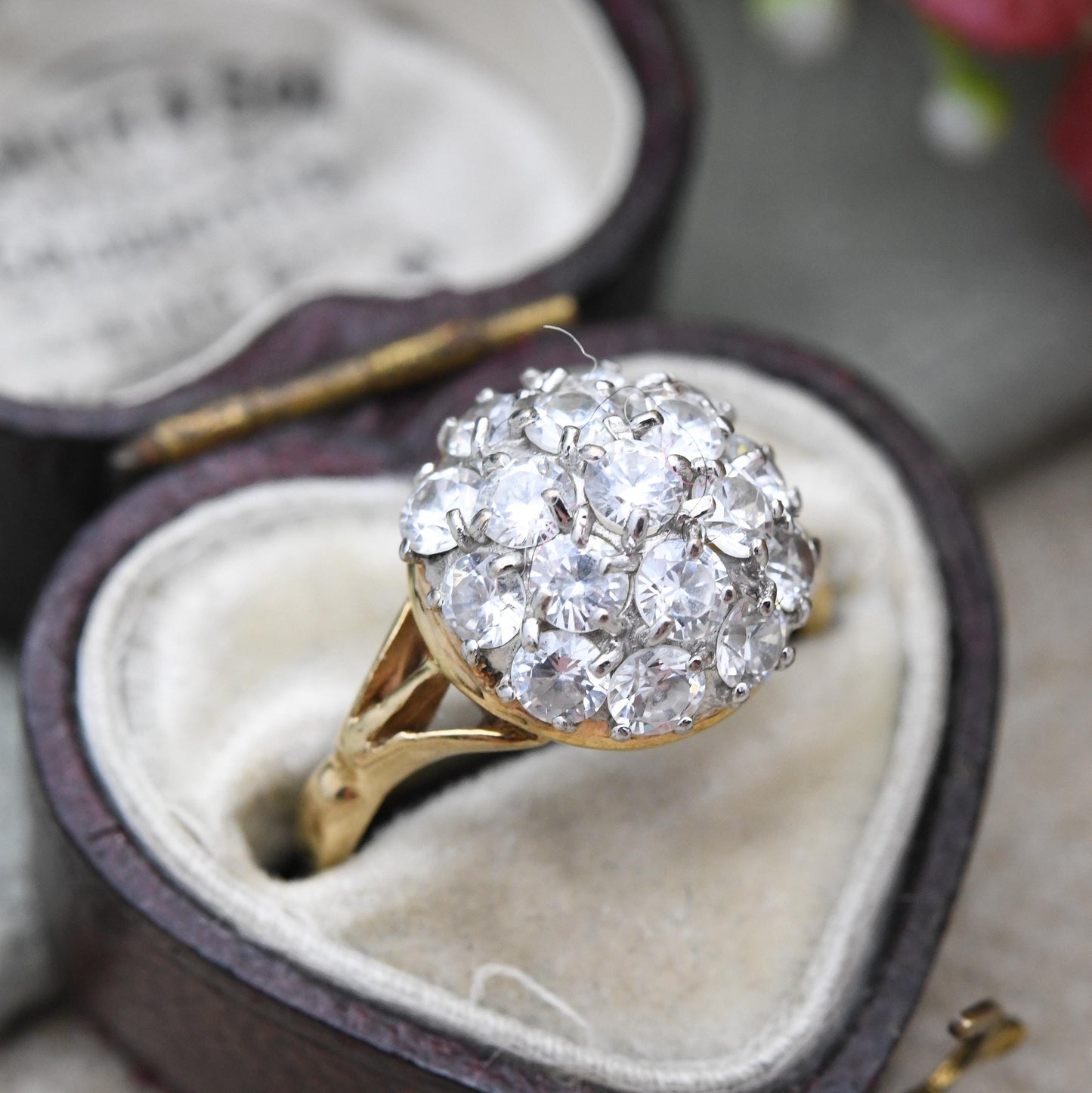 Vintage 9ct Gold CZ Boule Ring Clear Stone Cluster - Pretty Solid Gold Jewellery Gift for Her | UK Size - K | US Size - 5 3/4