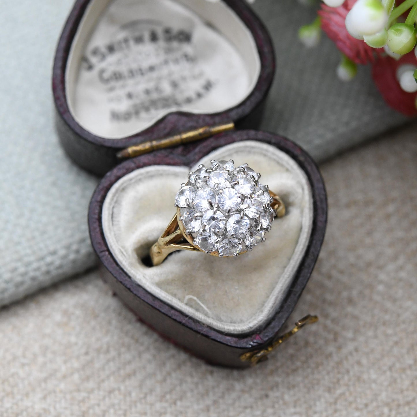 Vintage 9ct Gold CZ Boule Ring Clear Stone Cluster - Pretty Solid Gold Jewellery Gift for Her | UK Size - K | US Size - 5 3/4