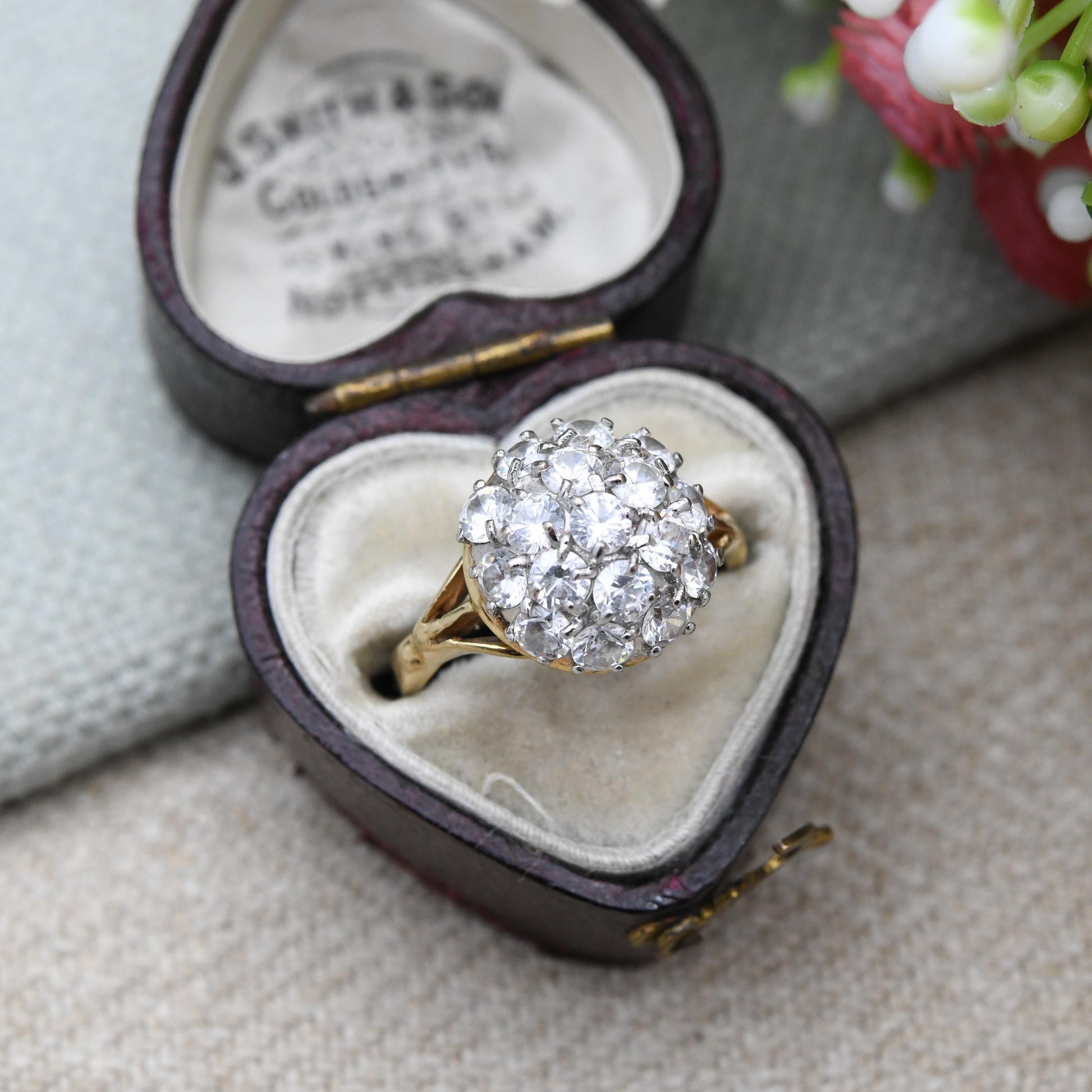Vintage 9ct Gold CZ Boule Ring Clear Stone Cluster - Pretty Solid Gold Jewellery Gift for Her | UK Size - K | US Size - 5 3/4