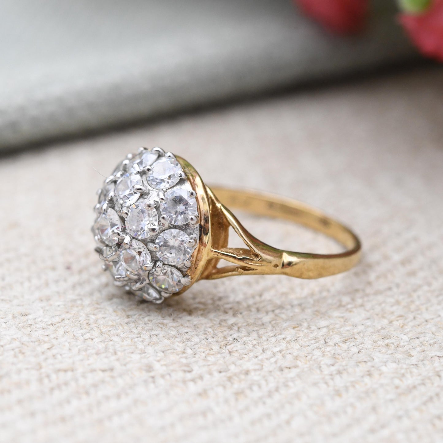 Vintage 9ct Gold CZ Boule Ring Clear Stone Cluster - Pretty Solid Gold Jewellery Gift for Her | UK Size - K | US Size - 5 3/4