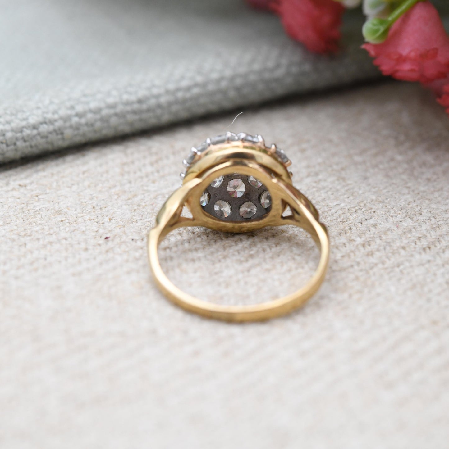 Vintage 9ct Gold CZ Boule Ring Clear Stone Cluster - Pretty Solid Gold Jewellery Gift for Her | UK Size - K | US Size - 5 3/4