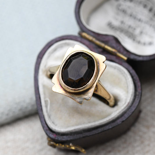 Vintage 9ct Gold Smoky Quartz Statement Ring 1964 - Mid-Century Large Round Brown Gemstone Cocktail Ring | UK Size - N | US Size - 6 1/2
