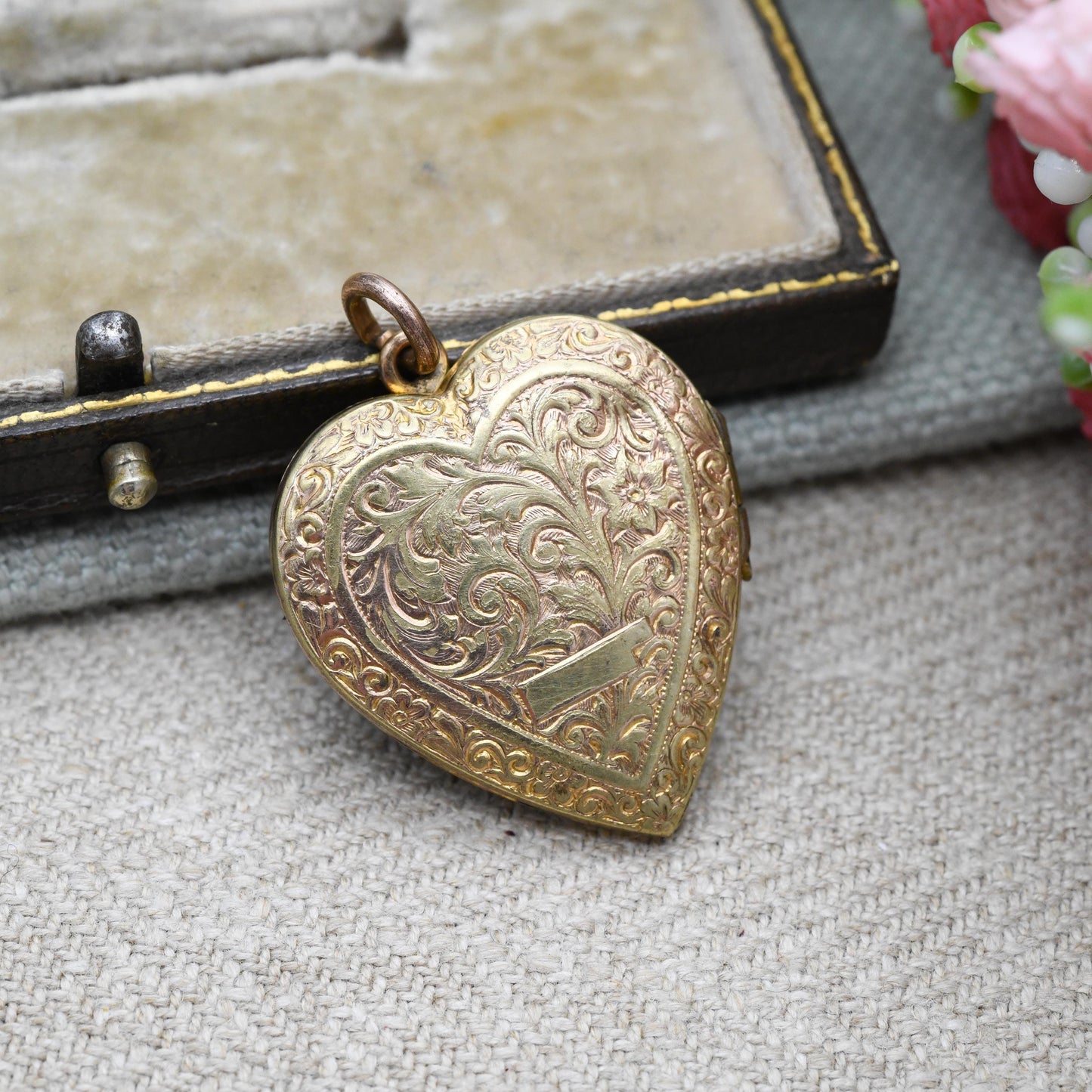 Antique Rolled Gold Heart Locket with Floral Scrolling Design - Double Sided | Blank for Engraving | c. 1900 Victorian Pendant Necklace