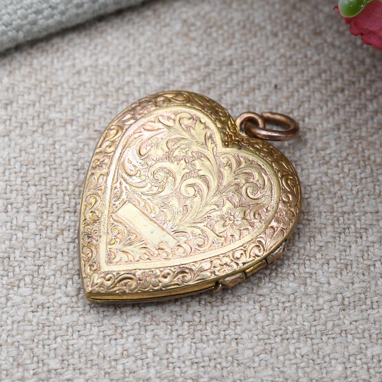 Antique Rolled Gold Heart Locket with Floral Scrolling Design - Double Sided | Blank for Engraving | c. 1900 Victorian Pendant Necklace