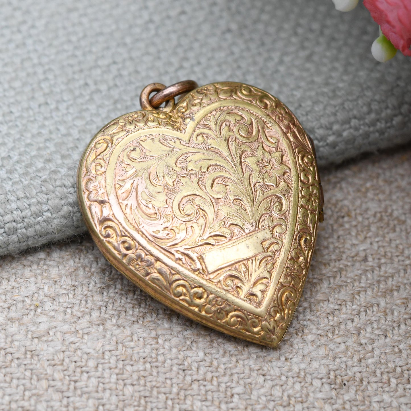 Antique Rolled Gold Heart Locket with Floral Scrolling Design - Double Sided | Blank for Engraving | c. 1900 Victorian Pendant Necklace