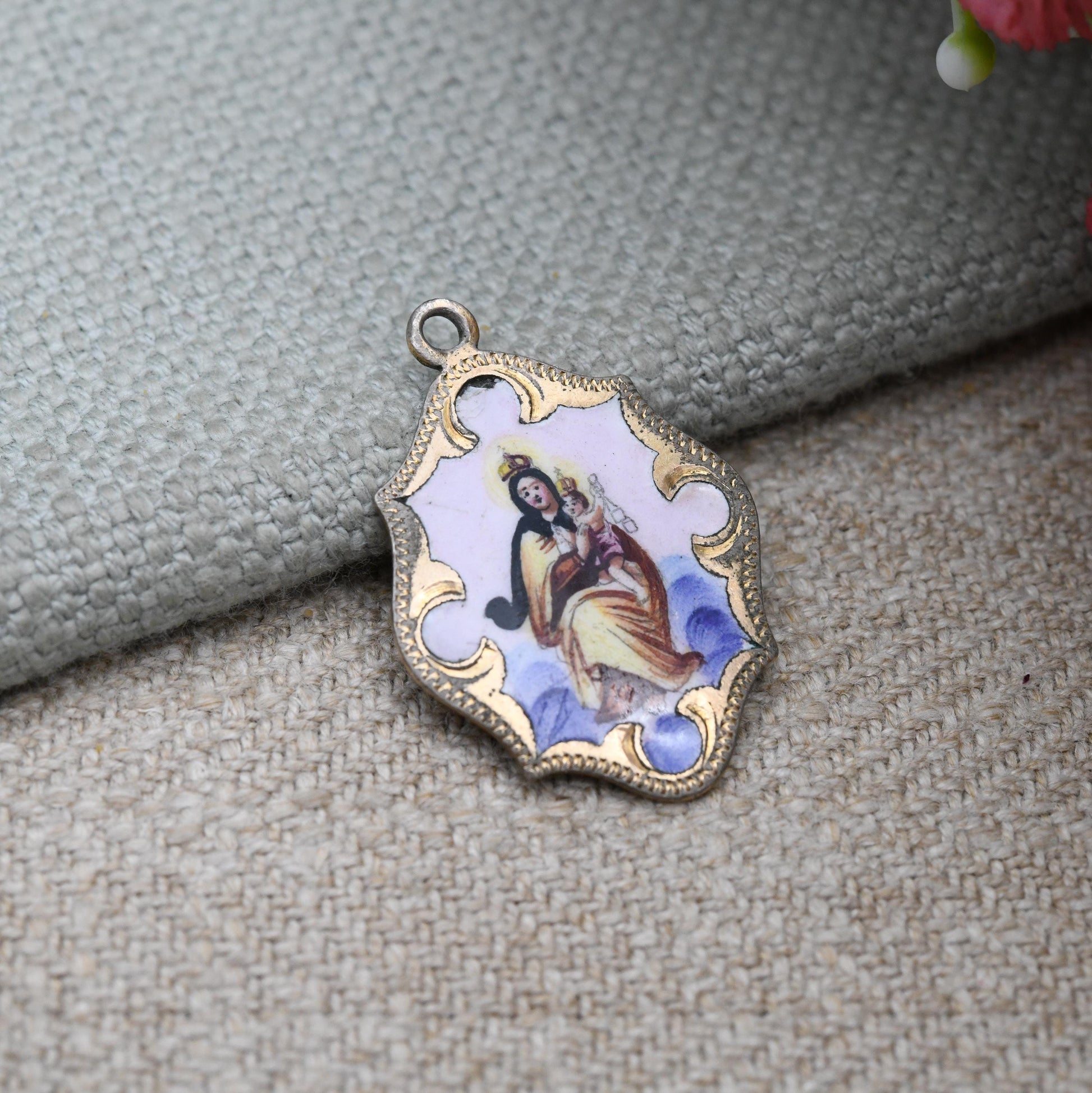 Antique Religious Enamel Pendant Virgin Mary and Jesus c. 1910s - Detailed Mother and Baby Charm Christian Token