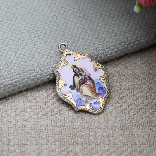 Antique Religious Enamel Pendant Virgin Mary and Jesus c. 1910s - Detailed Mother and Baby Charm Christian Token