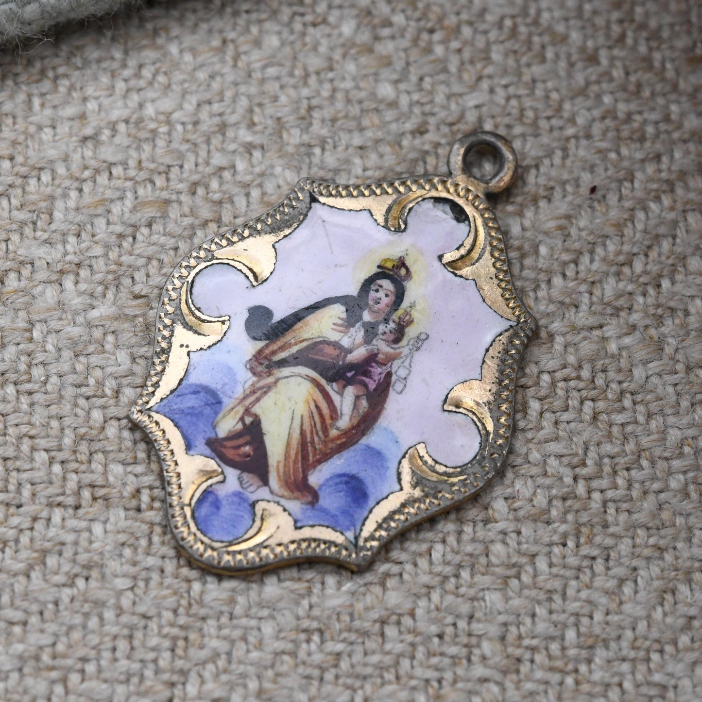Antique Religious Enamel Pendant Virgin Mary and Jesus c. 1910s - Detailed Mother and Baby Charm Christian Token