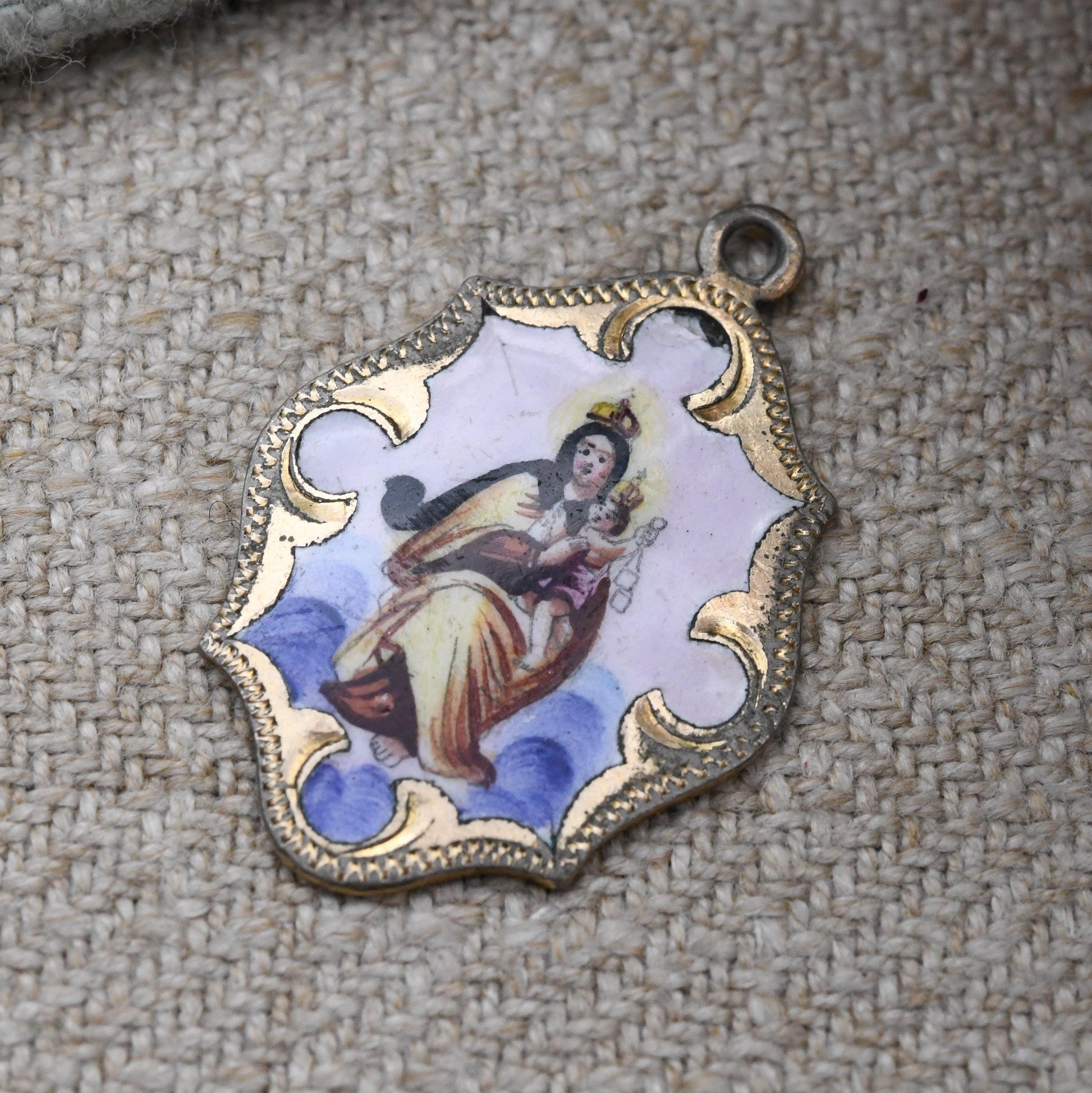 Antique Religious Enamel Pendant Virgin Mary and Jesus c. 1910s - Detailed Mother and Baby Charm Christian Token