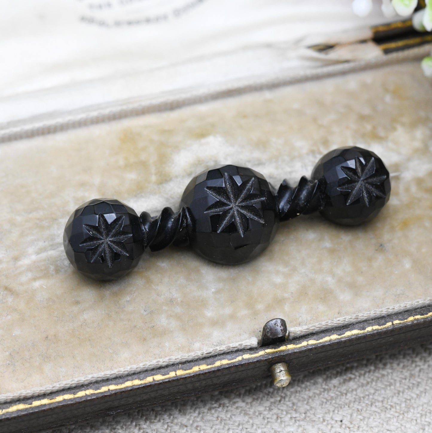 Antique Victorian Whitby Jet Bar Brooch c. 1890s - Star Cut Faceted Black Ball Design | Unisex Mourning Jewellery