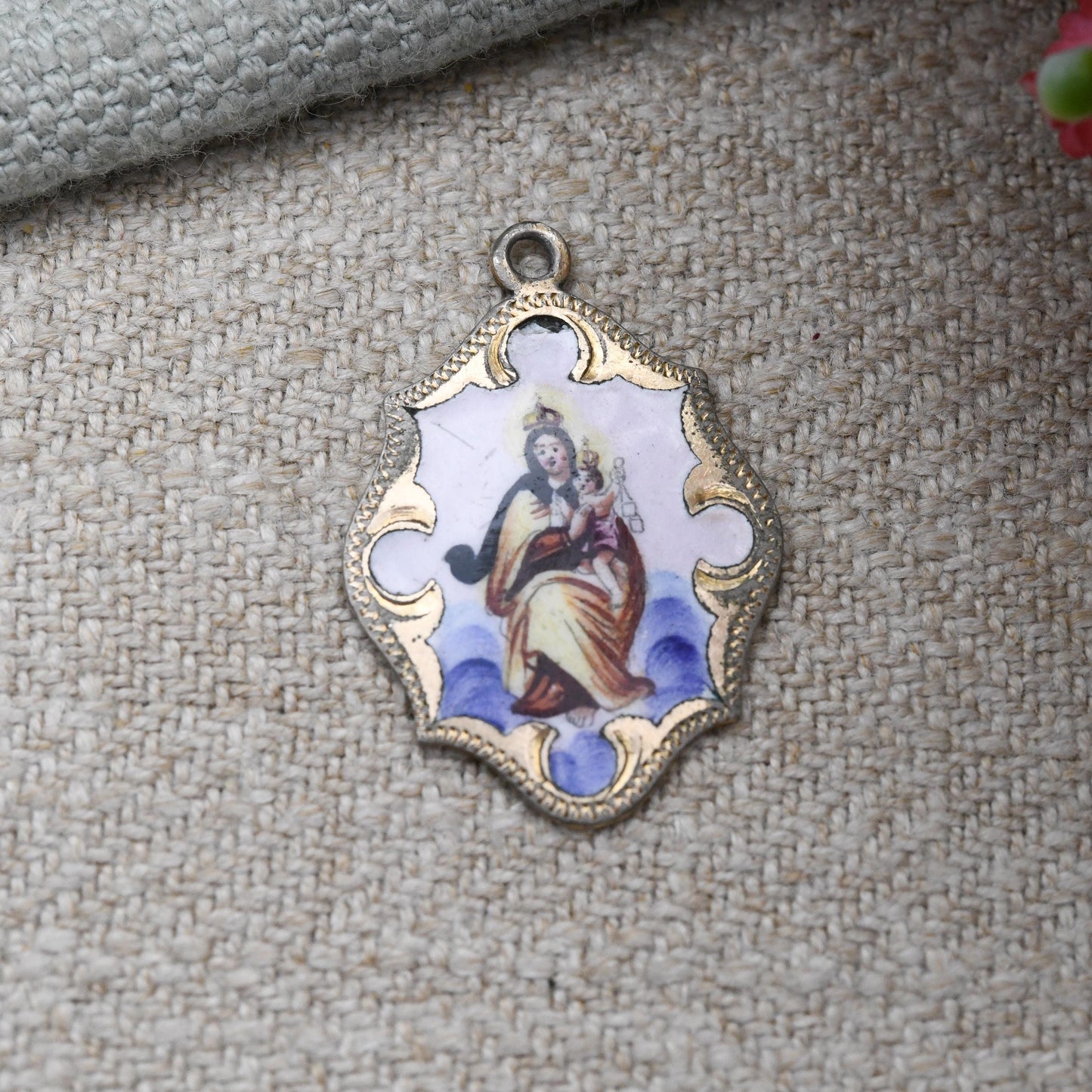 Antique Religious Enamel Pendant Virgin Mary and Jesus c. 1910s - Detailed Mother and Baby Charm Christian Token