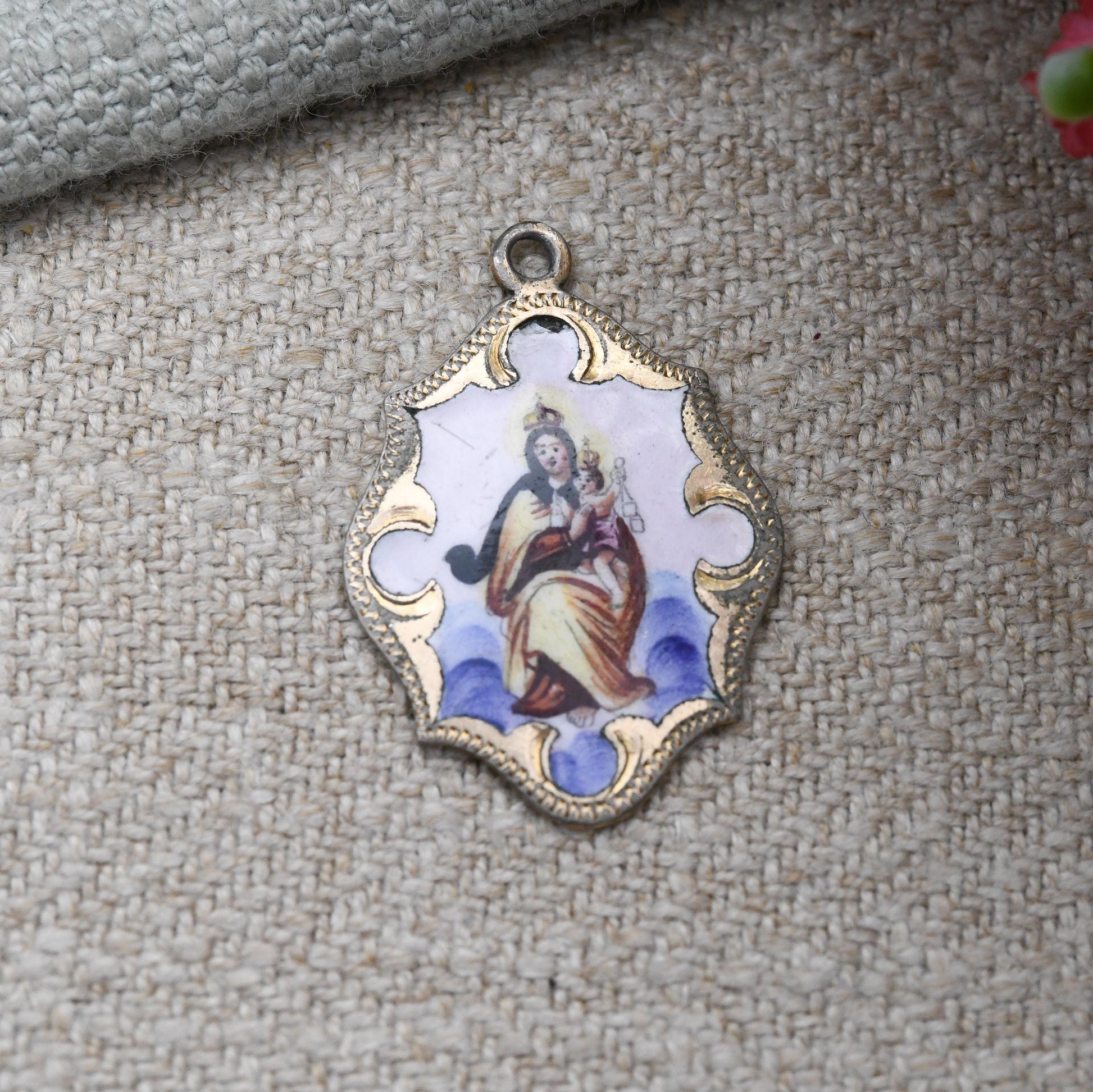 Antique Religious Enamel Pendant Virgin Mary and Jesus c. 1910s - Detailed Mother and Baby Charm Christian Token